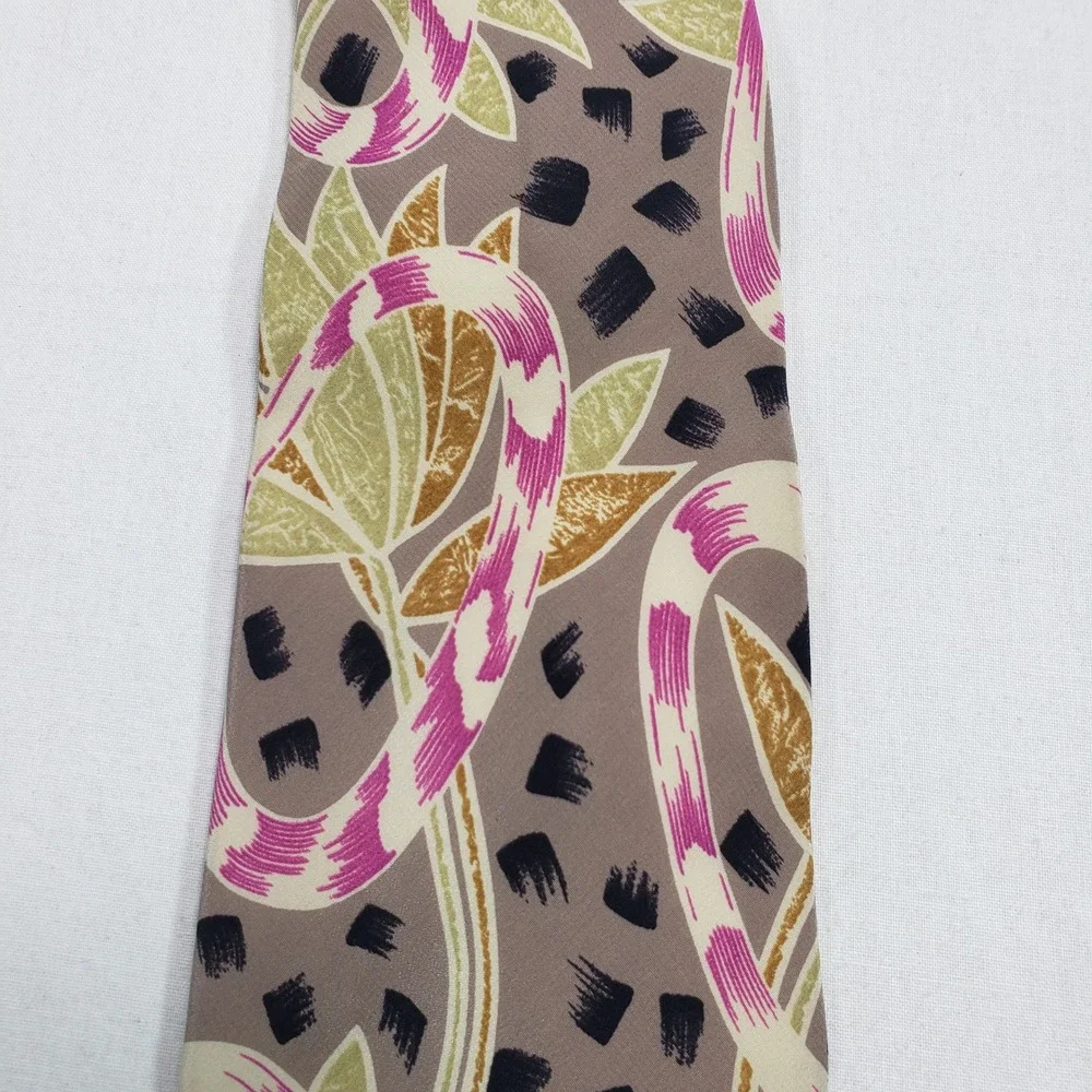 Pierre Balmain Mens Abstract Floral Silk Tie OS Brown Pink Green